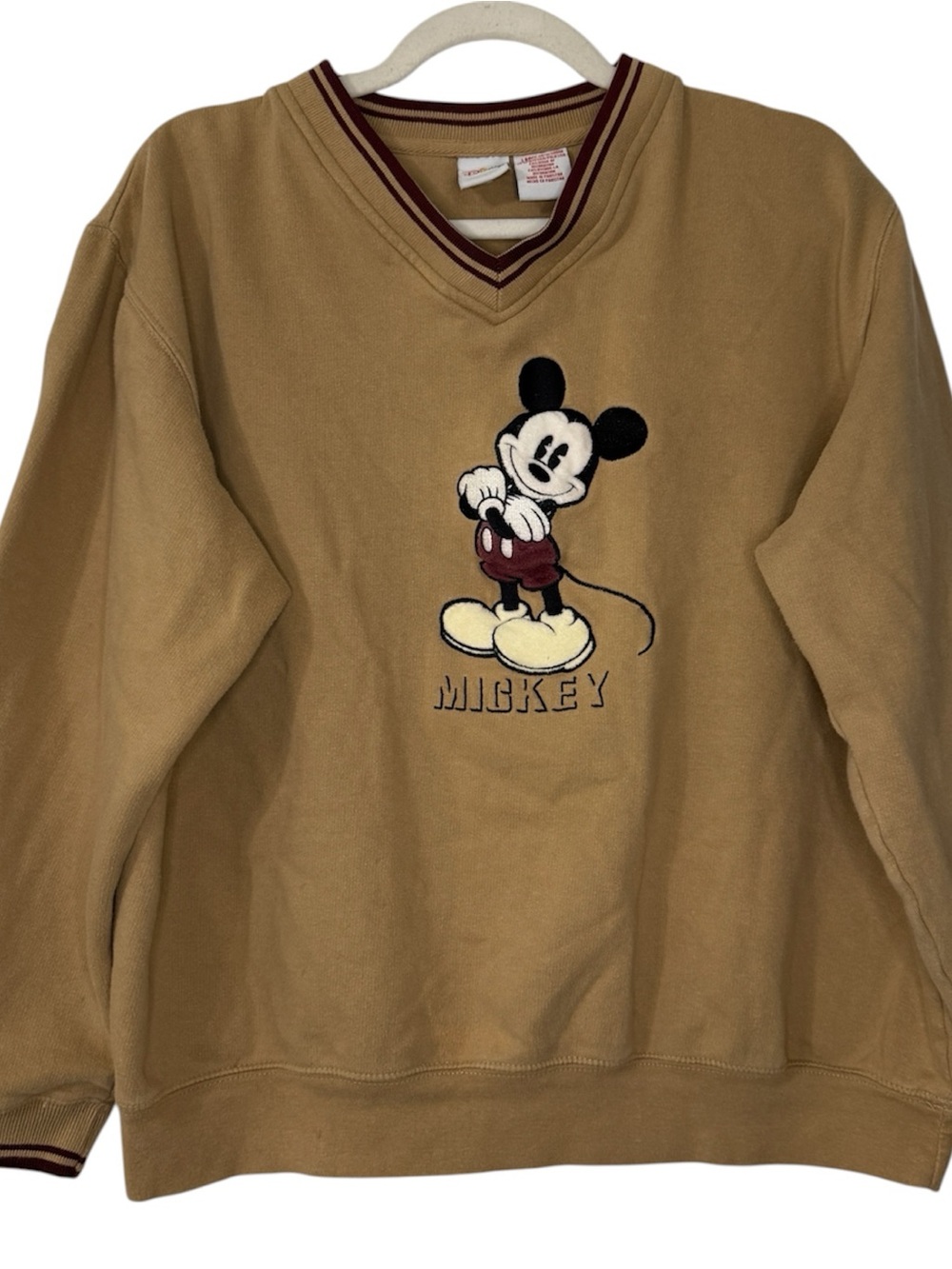 Disney V-Neck Mickey Embroidered Sweater - Tan with Burgundy Trim